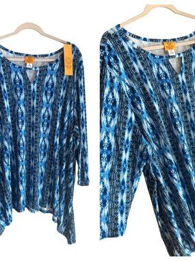 NWT Ruby Rd Women's 4X Blue Abstract Scoop Neck Stretchy Summer Blouse 25.5"x28"